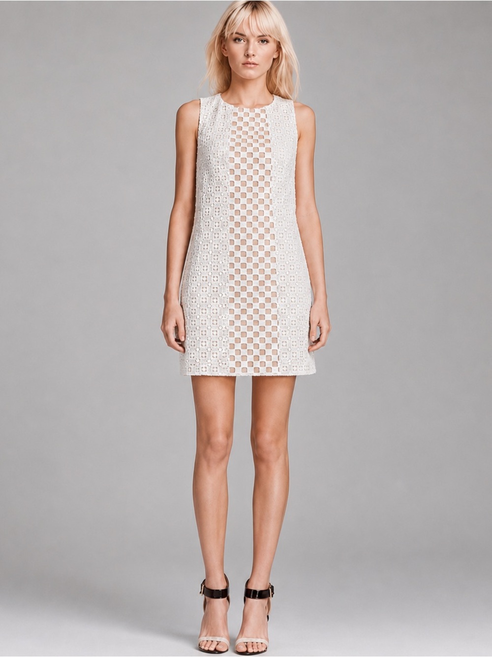 Tibi Sonoran Eyelet Shift Dress White Cream Geometric Cutout Size 4